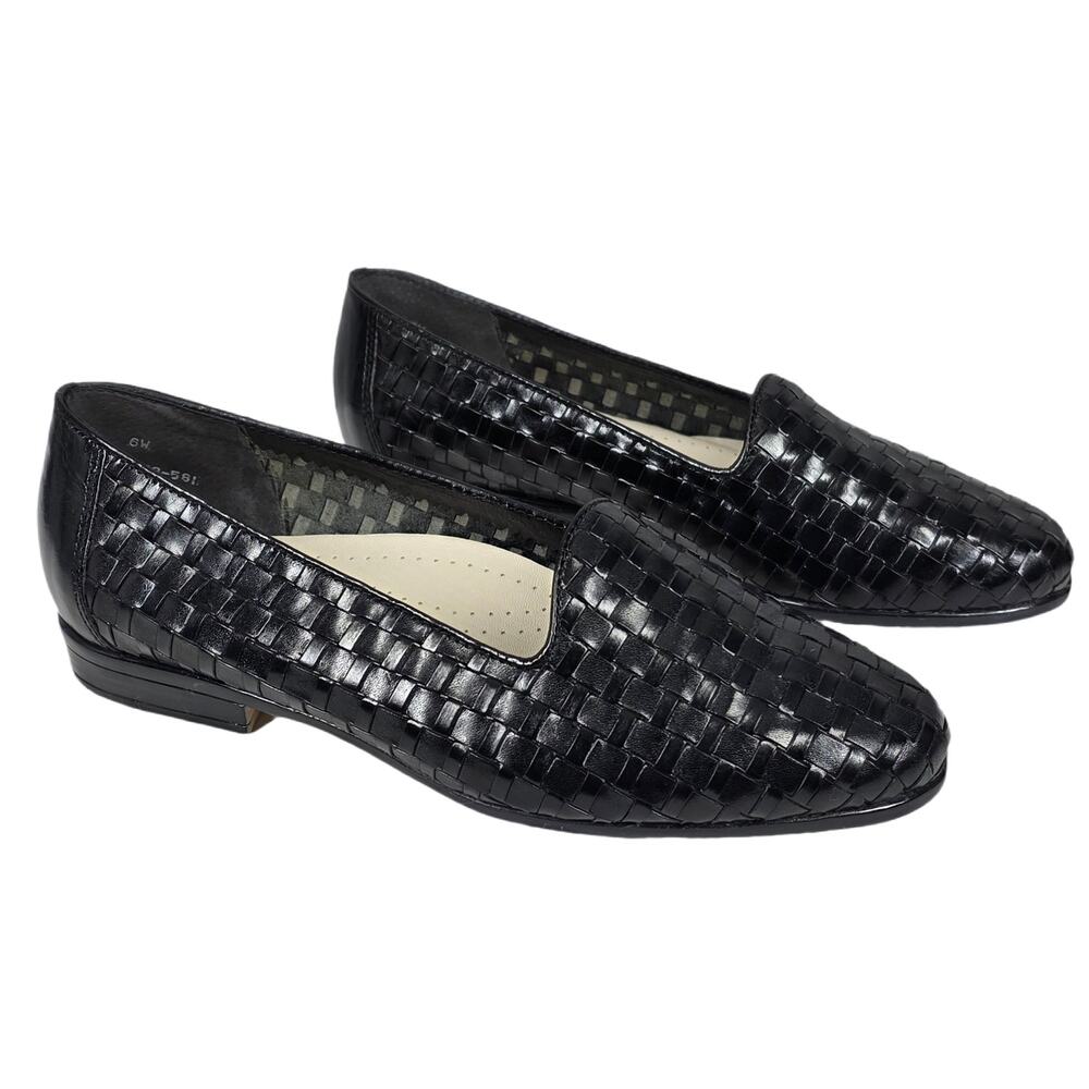 TROTTERS LIZ BLACK WOVEN LEATHER COMFORT SLIP‑ON LOAFERS – WOMEN'S SIZE 6W